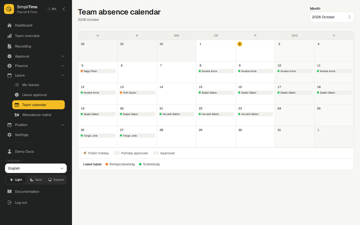 SimpliTime leave calendar screen