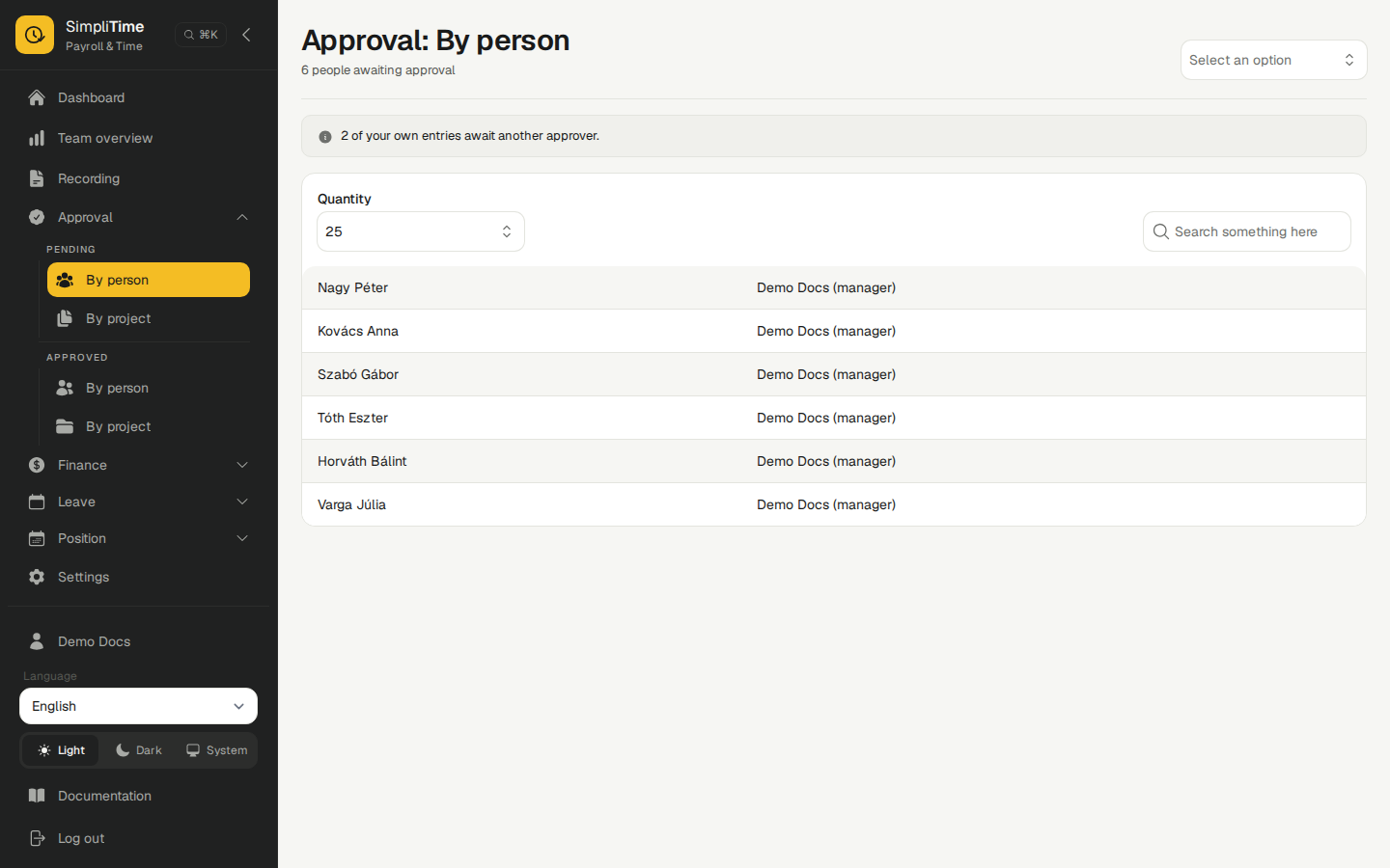 SimpliTime approval list screen