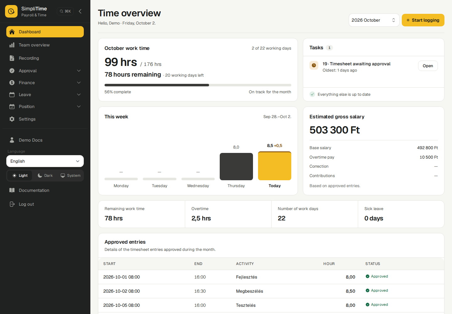 SimpliTime dashboard with live data