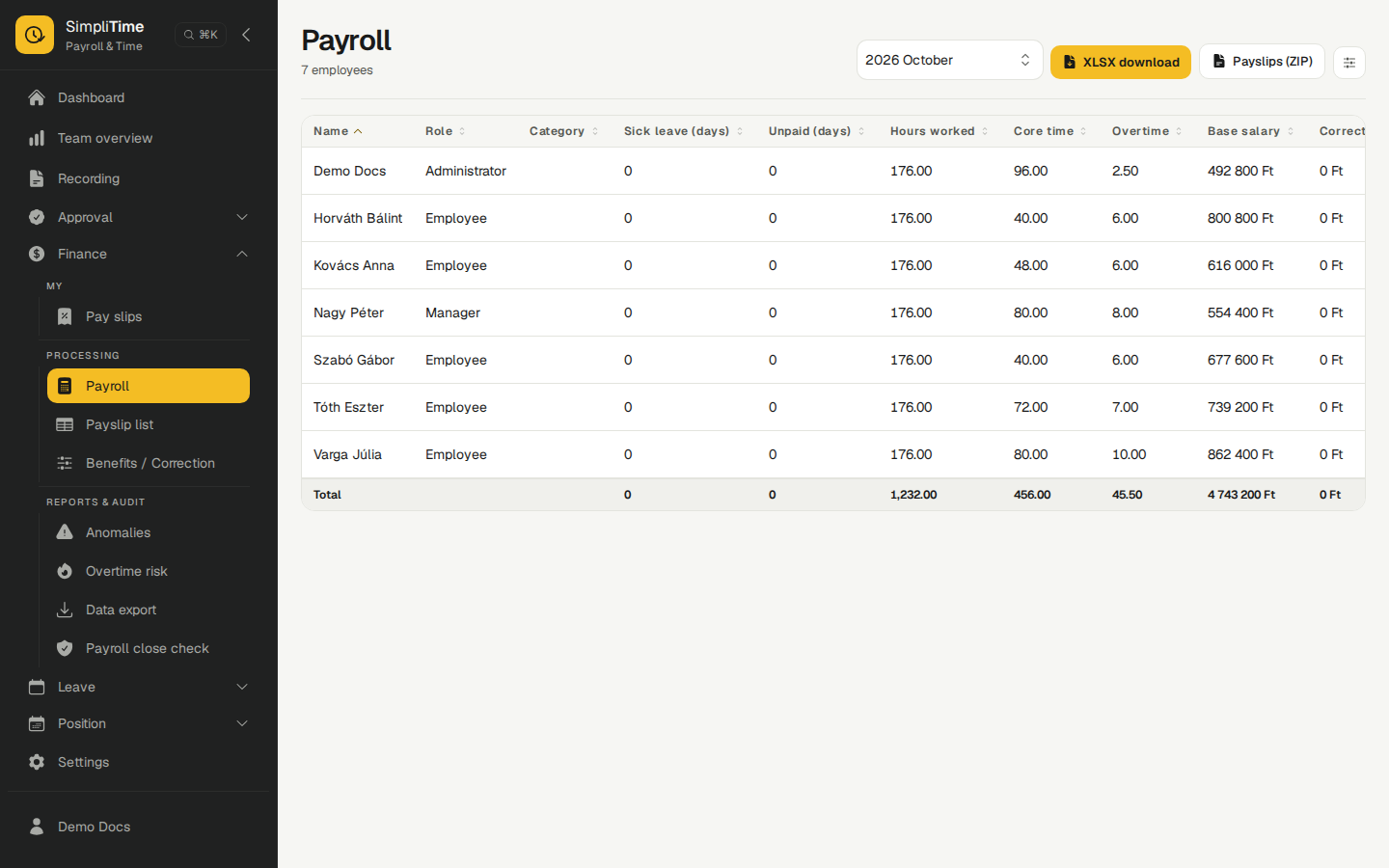 SimpliTime payroll close check and payroll summary