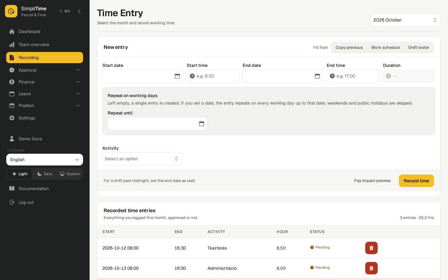 SimpliTime time recording screen