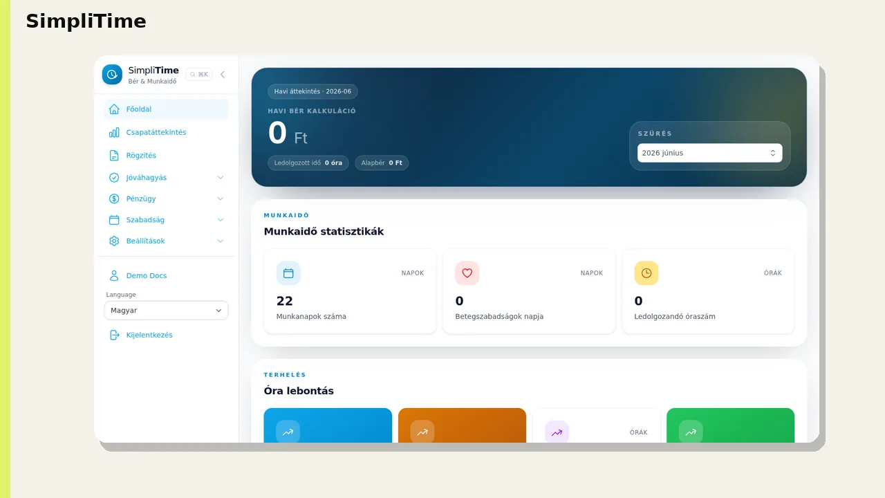 SimpliTime – dashboard képernyő