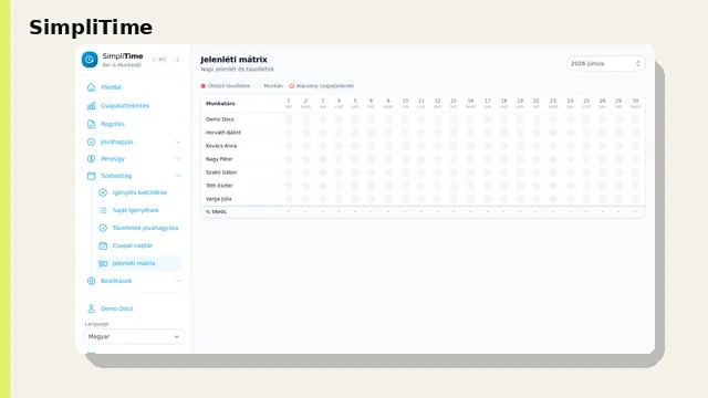 Modern webes felületen megjelenő csapat-szabadságnaptár és munkaidő-nyilvántartás egy laptop kijelzőjén